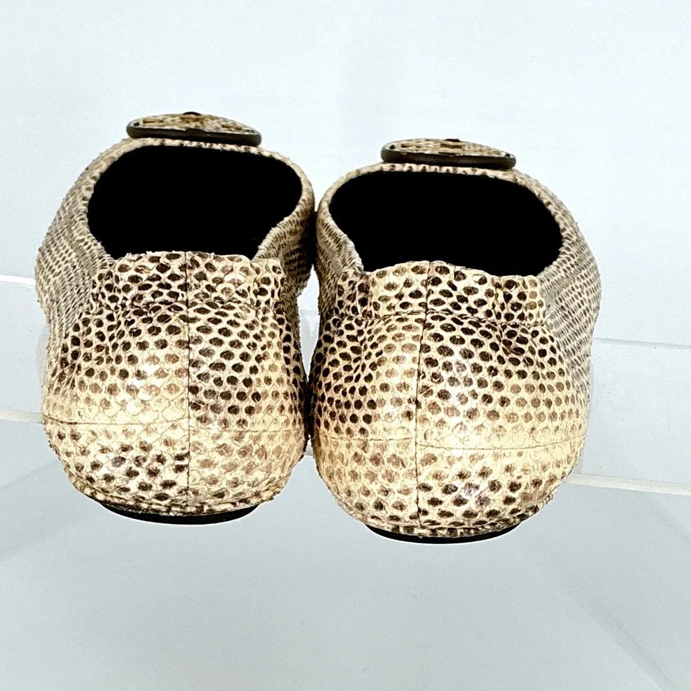 Tory Burch Size 7.5 Minnie Travel Ballet Flats‎ Snake Embossed Leather